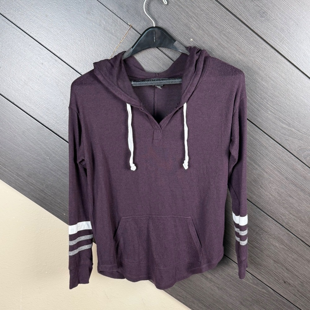 Mix By 41Hawthorn Women's XS Hooded Pullover Top Purple Striped Sleeve Casual